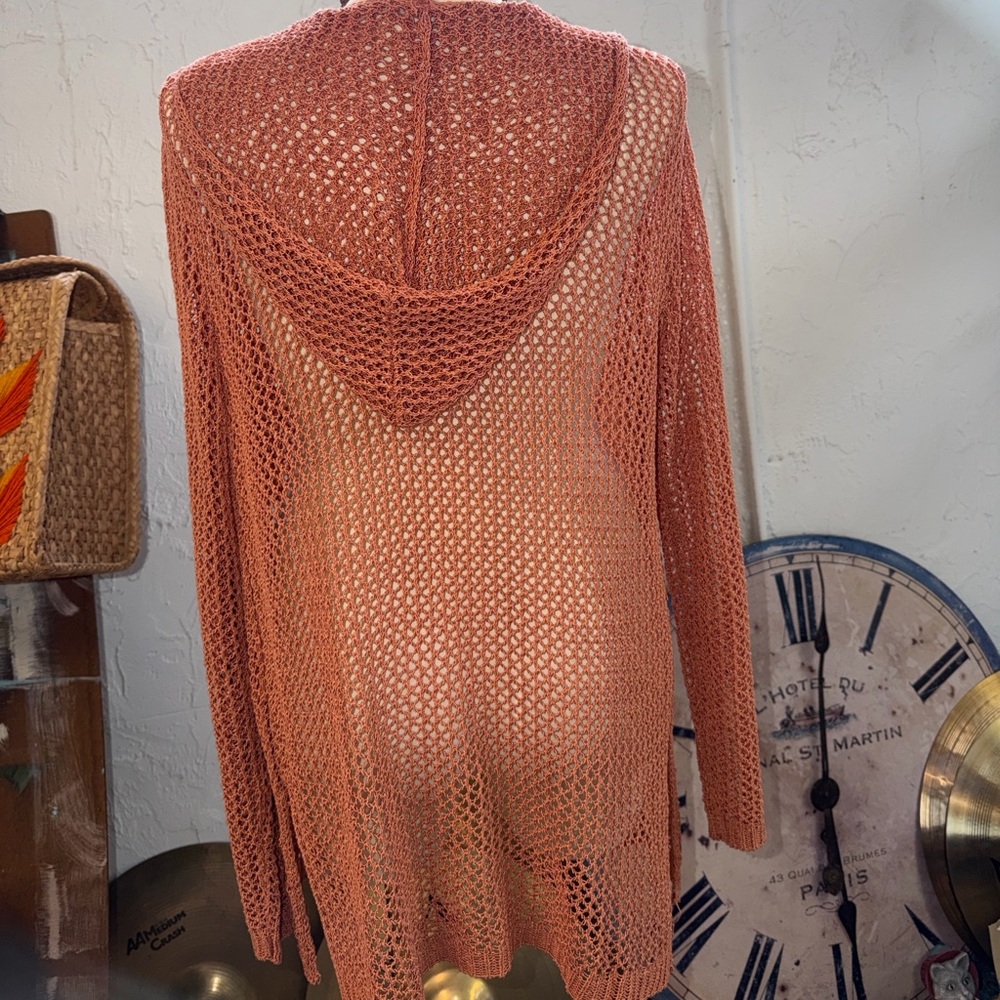ELAN Crochet Bronze Copper Open Front‎ Hooded Duster Cardigan Jacket Cover-up L - Picture 7 of 10